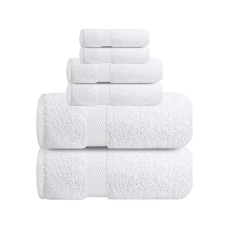 100% Combed Cotton, 6 Pcs Towel Set - 2 Bath Towels (70 x 140 cm), 2 Hand Towels (40 x 70 cm) and 2 Face (30 x 30 cm) (600 GSM, Pack of 6) White