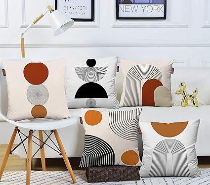 Premium Set of 5 Geometric Cotton Digital Printed Hand Stitched Throw Pillow/Cushion Covers - (Off-White, 16 x 16 Inch)