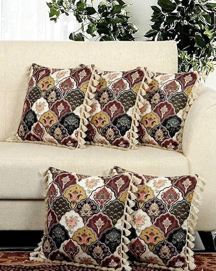 DECOMIZER Premium Cushion Cover 16 inch x 16 inch Set of 5 Pack - Design with Frills - Premium European Fabric, Machine Washable | Decorative Cases - Ethnic Design