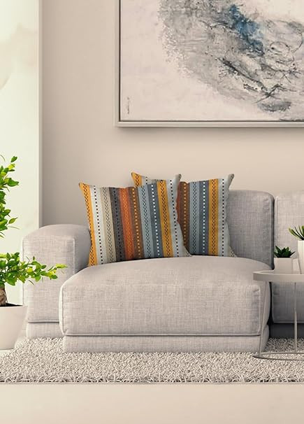 Cotton Salsa Stripe Cushion Cover Set of 2 16x16 inch Beige/Mustard Multicolour Large Square Throw Pillow Covers for Sofa Bed Room Living Room or Home Decor