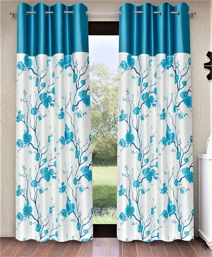 2 Pieces Solid Patch 3D Tulip Eyelet Polyester Door Curtains - 7 Feet, Aqua