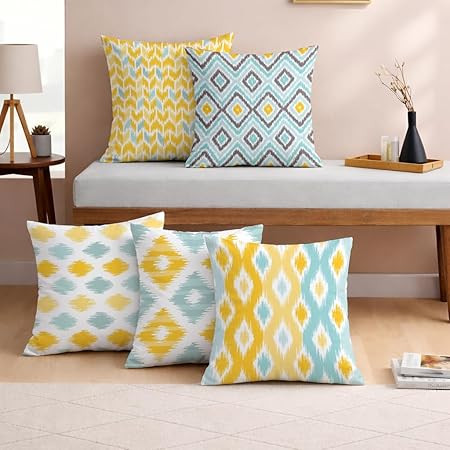 STITCHNEST Set of 5 Jute Cushion Covers – 16x16 Inches – Yellow & Aqua Ikat-Inspired Geometric Print – Vibrant Cushion Covers for Sofa, Couch & Living Room | Perfect for Home Decor