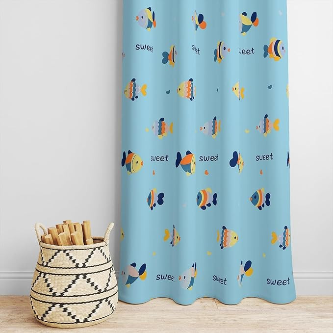 Super Soft Brushed Microfiber Cotton Kids Door Room Darkening Grommet Floral Curtains for Nursery, Bedroom, Playroom, 48x84(Inches) 7 Feet, Pack of 2 Panel Aqua Fish