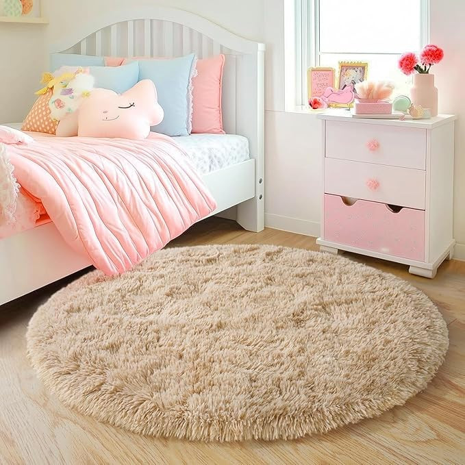 Premium Round Shaggy Carpet with Anti Slip Grip & Luxury Soft, Fluffy Area Rug with Cozy Look for Rooms, Kitchen, Kids Rooms, Beauty for Every Space (Beige, Size-2x2 Feet)