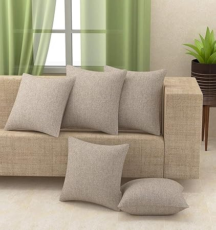 Yellow Weaves Jute Texture Cushion Covers, 16 X 16 Inches, Beige, Set of 5, 250 tc