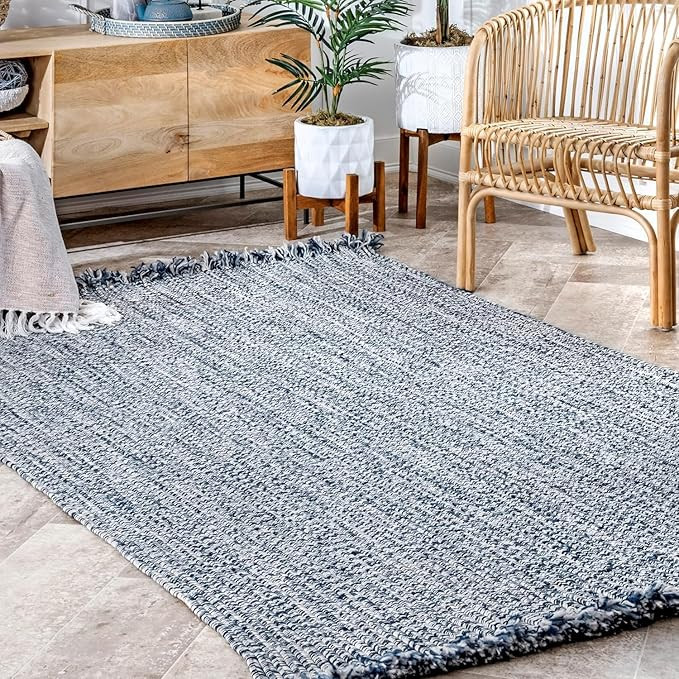 Natural Rectangular Cotton Fibres, Braided Reversible Jute and Cotton Round Rug/Carpet for Bedroom Living/Dining Room (1.5 x 6 feet, Light Blue)