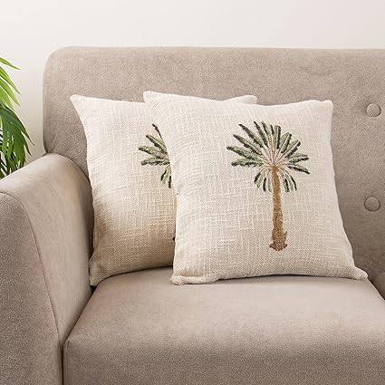 Premium Palm Tree Cotton Jute Square 16x16 Inch Cushion Cover 40x40 cm Throw Pillow Covers for Living Room Couch Diwan Sofa, Beige (Set of 2)