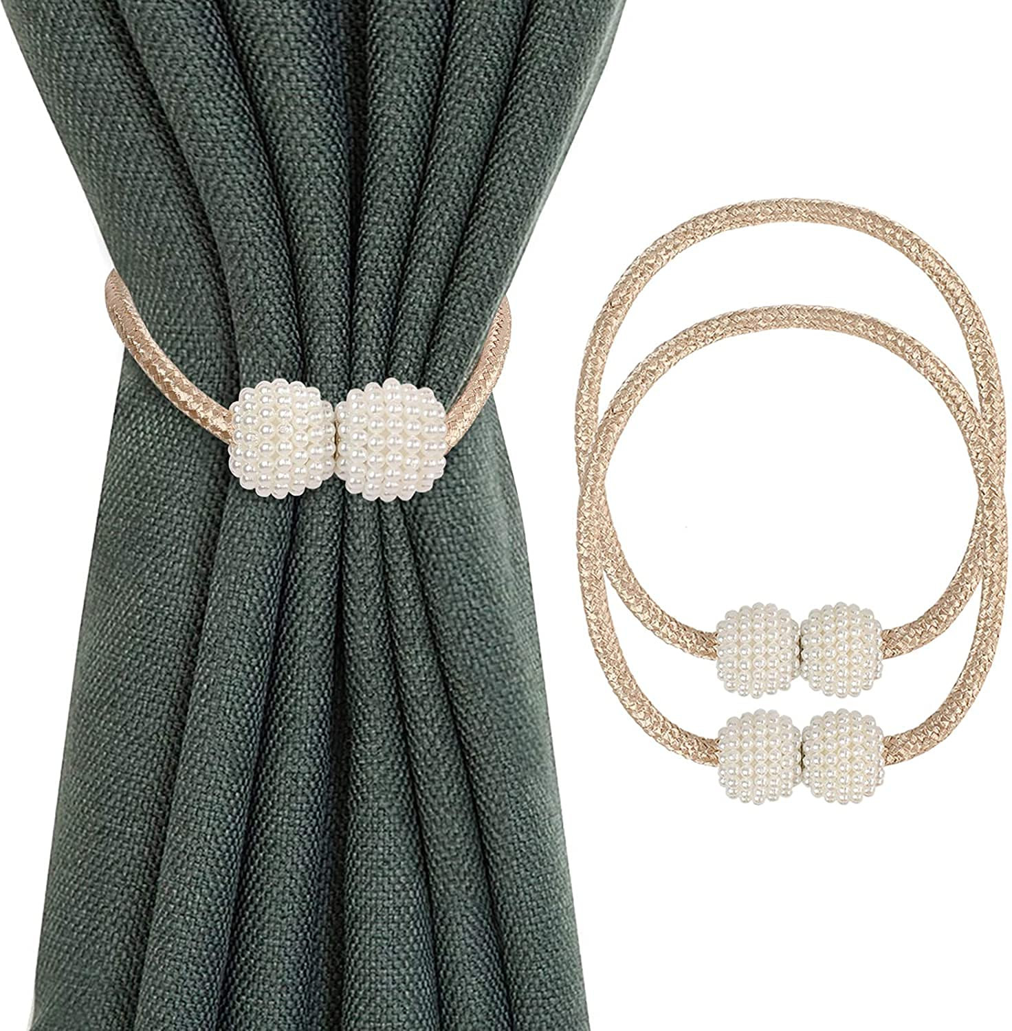 Magnetic Curtain Tiebacks Convenient Drape Tie Backs - Pearl Decorative Rope Holdback Holder for Window Drapries Color Multi (1pair 2 pcs) (Beige)