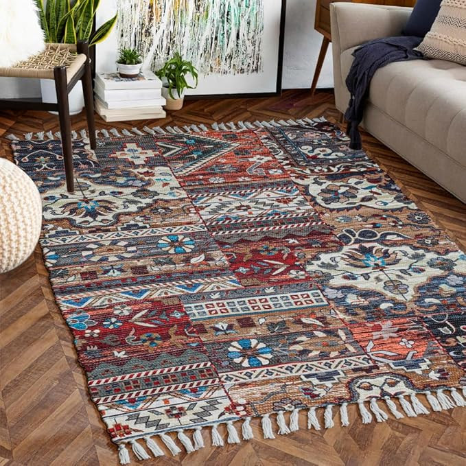 Handmade Printed Rug | Washable Sustainable Area Rug | Soft Floor Carpet, Decorative Rug for Living Room, Bedroom, Dining Room & Entryway (3x5Feet)