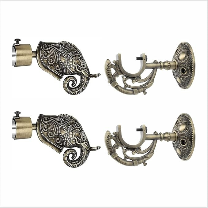 Aluminium Rajwada Elephant Shape Antique Curtain Brackets with Support 1 Inch Rod Pocket Finials Designer Window Stylish, Durable Window Decor Solution for Elegant Home Interiors (Pair of 1)