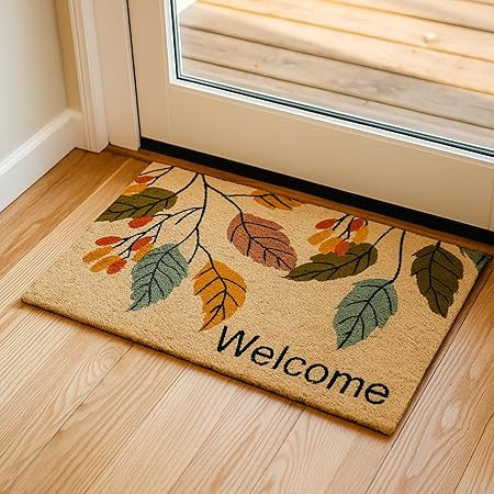 Encasa XO Coir Door Mats for Home Entrance | (60x40 cm), Welcome Leaf | Thick Anti-Slip Doormat with PVC Back | Ideal for Indoor, Outdoor, Patio, and Office | Durable and Easy to Clean
