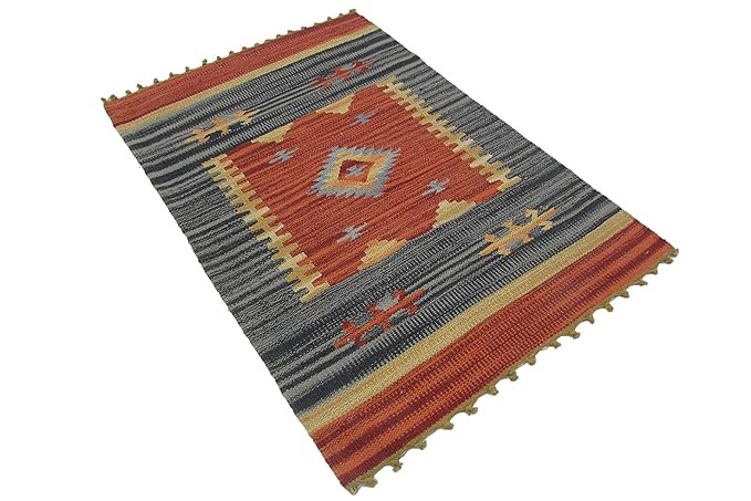 Cotton Dhurrie for Living Room & Bedroom, 2ft x 3ft, Grey & Red, Handmade Flatweave Rug, Rectangular, Anti-Skid, Reversible, Thick & Soft