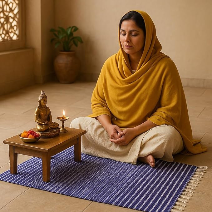 Cotton Dhurrie Prayer Rug | Handmade Woven Floor Mat | Flat-Weave Cotton Carpet | Meditation & Sitting Mat