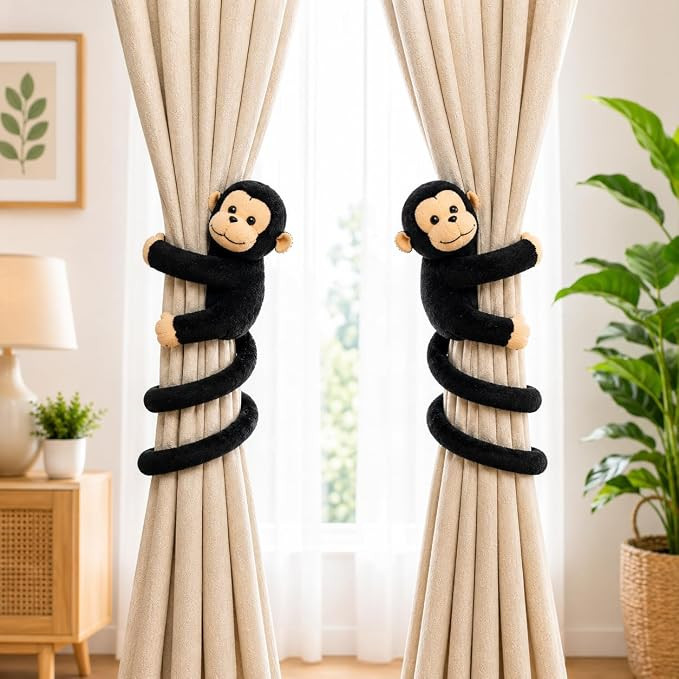 Monkey Curtain Tiebacks Pack of 2 | Cute Plush Curtain Holders with Long Tail | Soft Toy Curtain Tie for Living Room, Bedroom, Kids Room | Decorative Curtain Accessories (Black)