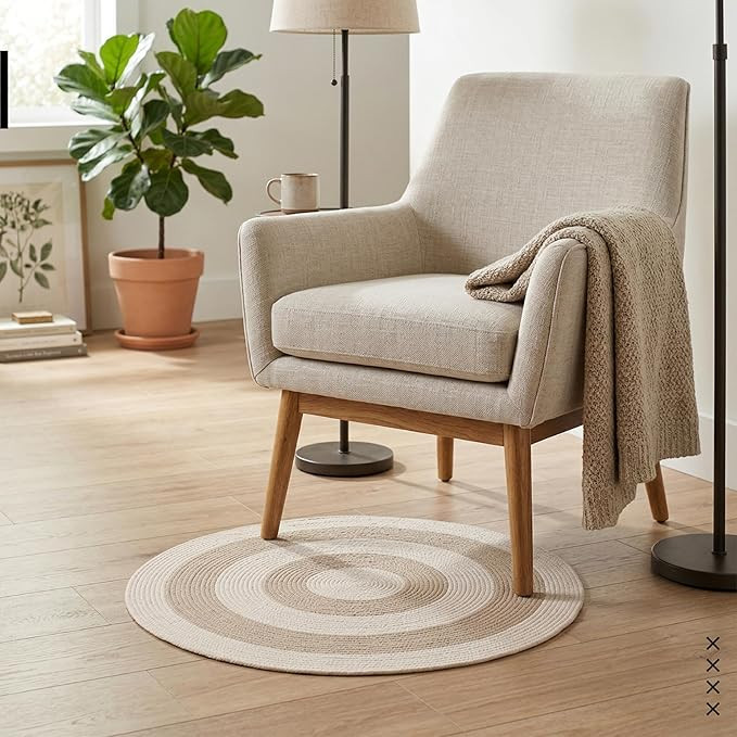 Round Rug Handwoven Natural Fiber Carpet Braided Area Rug | Neutral Boho Rug for Living Room, Bedroom, Nursery | Washable Area Rug Two Tone | Beige & Off-White (60 cm) | 2 Ft