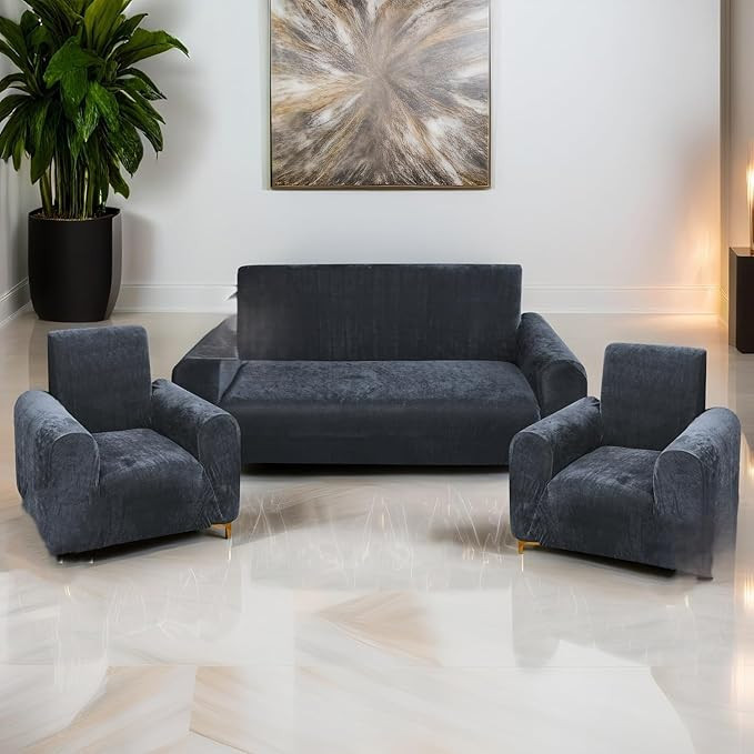 Plain Velvet Sofa Cover Stretchable Slipcover (3+1+1) Seater Couch | Soft Luxury Fabric Furniture Protector | Washable Anti-Slip Sofa Cover for Living Room (Solid Colors) (Grey)