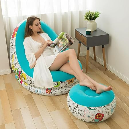 Plastic Inflatable Lounge Chair with Footrest 2-in-1 Air Sofa for Adults, Folding Portable Lazy Recliner with Pump for Indoor Living Room, Office, Outdoor Camping (Graffiti Blue)