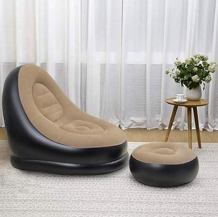 Inflatable Leisure Sofa Chair with Footstool 2-in-1 Portable Recliner Lounge Bed Set - Durable Flocking Lazy Couch for Indoor & Outdoor Use - Lightweight, Foldable,Camping & Home Relaxation