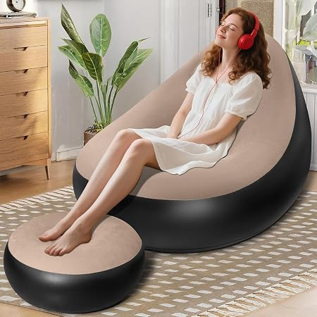 Inflatable Lounger Set with Footstool, 2-in-1 Sofa Chair and Lounge Bed, Portable Outdoor Recliner with Air Pump, Foldable and Lightweight for Indoor and Outdoor Relaxation