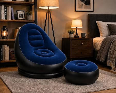 Inflatable Air Sofa Chair with Ottoman & Automatic Electric Pump, Portable Flocked Blow Up Lounge Chair for Living Room, Bedroom, Camping & Outdoor Use (Dark Blue)