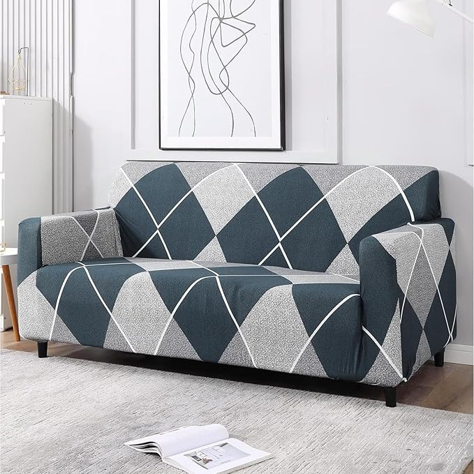Gorgeous Printed 3-Seater Sofa Cover | Fully Covered, Stretchable & Non-Slip Elastic Slipcover Protector for Triple Seater Sofa (Blue Grey1)