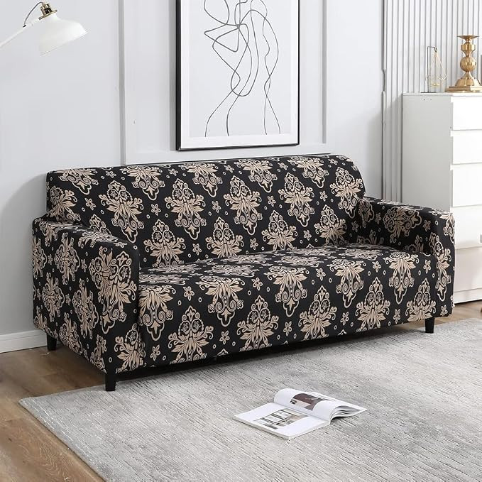 Gorgeous Printed 3-Seater Sofa Cover | Fully Covered, Stretchable & Non-Slip Elastic Slipcover Protector for Triple Seater Sofa (Brown)