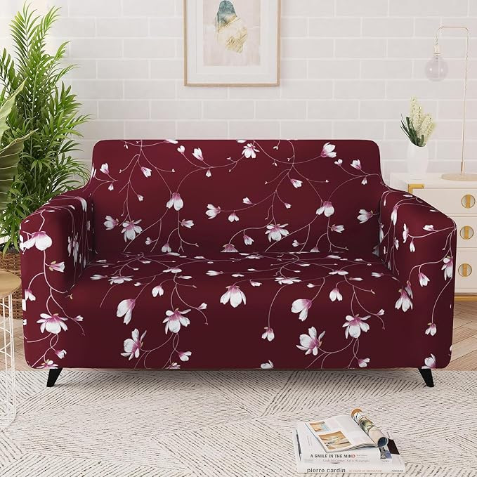 Gorgeous Printed 3-Seater Sofa Cover | Fully Covered, Stretchable & Non-Slip Elastic Slipcover Protector for Triple Seater Sofa (Maroon Flower)