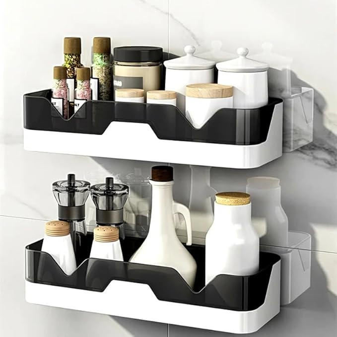 2 Self-Adhesive Plastic Bathroom Rack, Bathroom Shelf Organizer, Wall Mounted Shelf, Bathroom Hardware & Accessories, Storage Racks Kitchen Bathroom Accessories Rack Shelf, White & Black