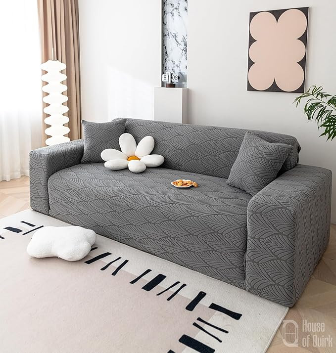 Universal Single Seater 220 GSM Jacquard Leaf Texture Fabric Sofa Cover Soft Touching Cover for Couch Flexible Stretch Sofa Slipcover (Charcoal, 90-140cm)