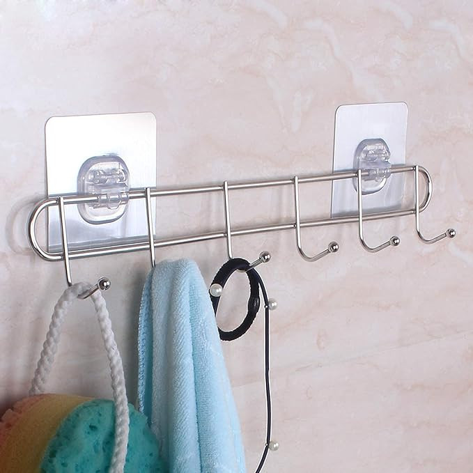 Stainless Steel Bathroom Wall Hook 6 Hooks Cloth Hanger Bathroom Wall Door Hook Magic Sticker Self Adhesive for Towel Rail Kitchen Hanger Capacity-5 Kg, Silver