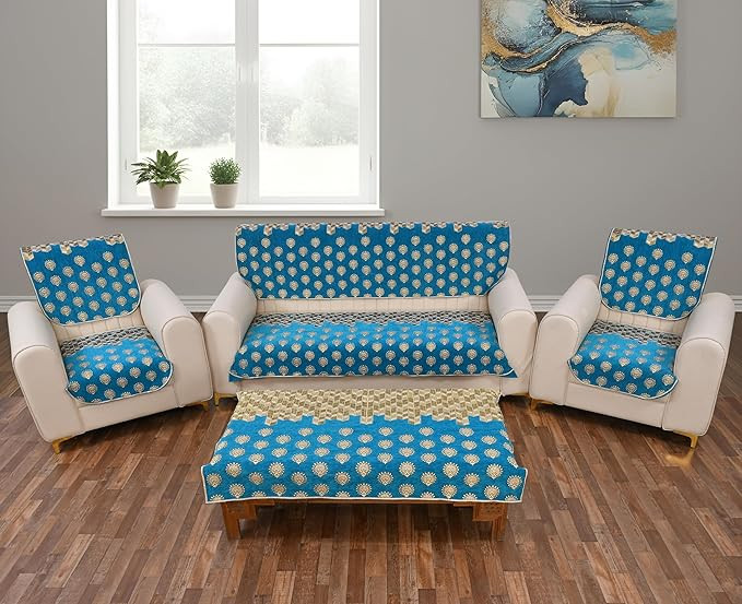 Premium Velvet 5 Seater Sofa Cover Set with Matching Center Table Cover (36x54 Inch) | Anti-Slip Washable Furniture Protector | 11 Pieces Sofa Slipcover Set | Aqua
