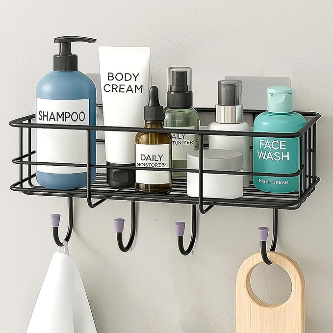 Bathroom Organiser Without Drill/GI Steel Self Adhesive Bathroom Shelf/Bathroom Stand for Wall/Bathroom Accessories Set Pack of 1 (Black, CED Powder Coated)