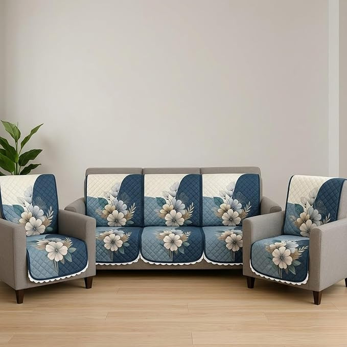 Quilted Velvet Sofa Cover Set, Floral Print, 5 Seater, Anti-Slip, Washable, Pack of 10 (Blue)