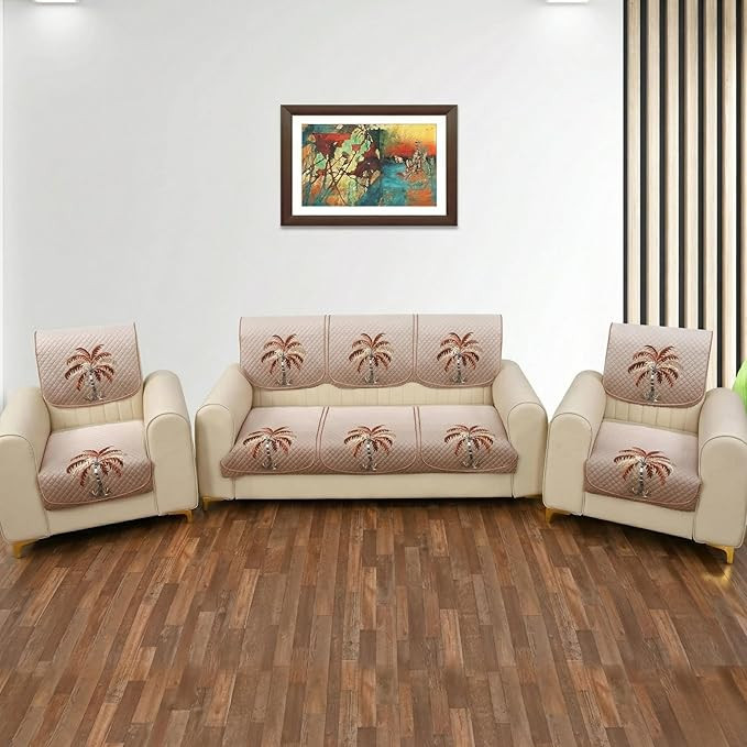 Velvet Sofa Slipcover Set 5 Seater (10 Pcs), Quilted Floral Sofa Cover, Anti-Slip Sofa Protector, Washable Decorative Covers for 3+1+1 Sofa Set (Brown_Tree)