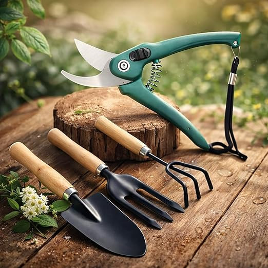 4-Piece Gardening Tools Kit for Home (Wooden Handle Cultivator,Fork, Trowel) Pruner Cutter –Stainless Steel Garden Set, Farming Tool & Essentials for Indoor Outdoor Agriculture Use (GTK)