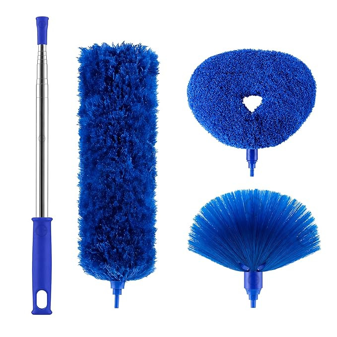 100-Inch Extendable Microfiber Feather Duster with Stainless Steel Pole – Bendable & Washable Cleaning Tool for High Ceiling Fans, Blinds, and Furniture (BLUE-FD-3IN1)