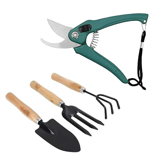 Oblivion Gardening Tool Set 4 Pcs – Pruner Shears, Hand Cultivator, Trowel & Fork with Wooden Handle for Planting, Weeding, Pruning & Soil Maintenance, Farming Equipment & Essential Garden Kit