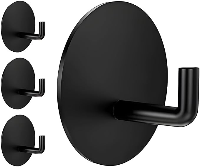 4 pcs Self-Adhesive Stainless Steel Hooks: Heavy-Duty Wall Hangings, Waterproof & Drill-Free - Strong Towel, Coat, and Kitchen Hooks for Bathroom and Kitchen (J Round Black)