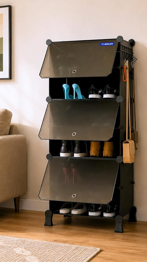 6 Shelf Black Shoe Rack with 3 Doors, 5 Hook Steel Holder & Wooden Hammer Home Storage PP Plastic Organizer with Metal Door Frame and Foots for Chappal Slipper Sandals Shoes Box Stand