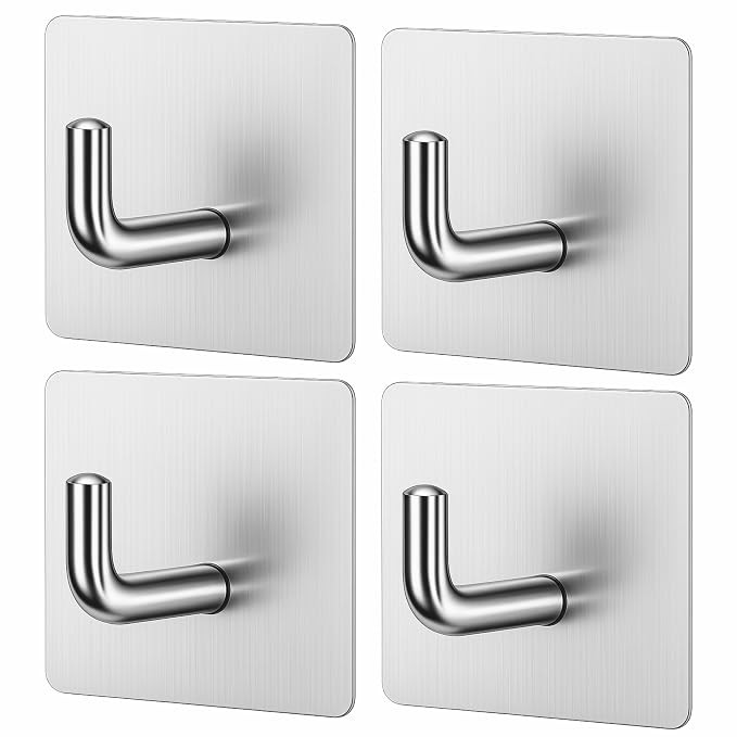 4 PCS Adhesive Hooks Heavy Duty Wall Hooks Waterproof Stainless Steel Hooks for Hanging Coat/Hat/Towel Robe Hook Rack Wall Mount Bathroom and Bedroom (J Hook)