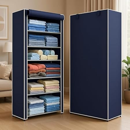 Multipurpose Baby Wardrobe/Cabinet/Multipurpose Storage Rack, Foldable, Collapsible Fabric Wardrobe Organizer for Clothes (Plastic and Non Woven Fabric) (Blue, 6 - Layer)