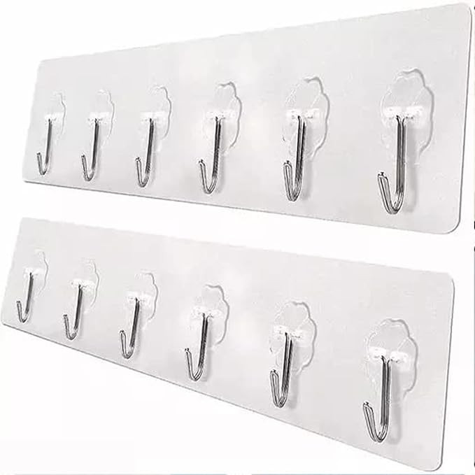 Self Adhesive Wall Hooks for Kitchen Organizer Hook for Wall Without Drilling for Home Kitchen Bathroom Bedroom Keys Bag Towels - 6 Stainless Steel Hook with Plastic Strip (Silver Pack of 2)