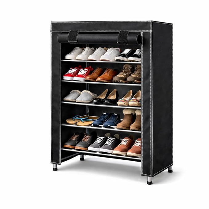 5-Tier Shoe Rack with Dustproof Cover, Shoe Storage Cabinet & Organizer for Home, Entryway & Closet, Free-Standing Metal Shoe Stand,Storage Rack for Sneakers, Heels & Daily Footwear Black