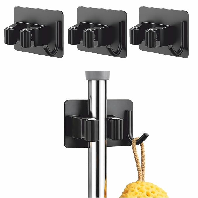 3 Pcs Stainless Steel Broom Holder with Hook - Wall-Mounted Adhesive Waterproof Rustproof Heavy Duty Broom and Mop Stick Holder