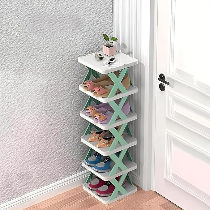 6 Layer Plastic Shoe Rack for Home Stackable & Adjustable Shoe Organizer Shelf for Entryway, Bedroom & Corner Use Space-Saving Foldable Stand with Book & Shoe Storage Slots