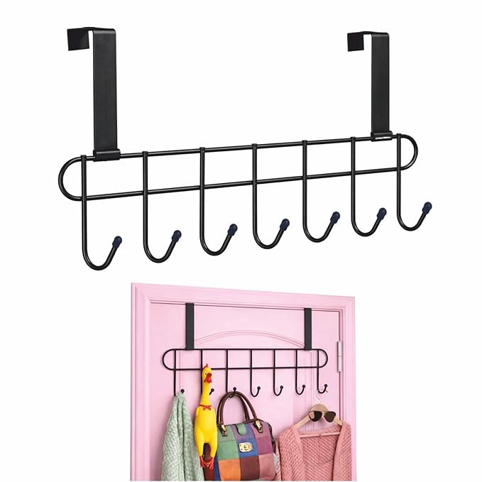 1 Pcs Steel Over The Door Hook Hanger | Hanging Organizer Rack with No Hole Drilling Required for Bedroom | Door Back Hanger for Clothes | Bathroom Hooks | Dress Holder for Clothes (Black)