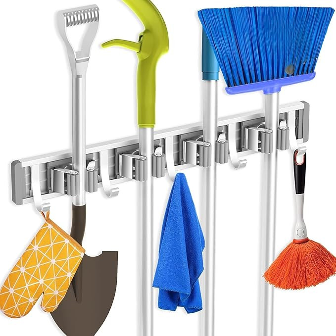 Broom Holder | Adujstable 4 Mop Stand with 5 Hook Broom Stick Holder Wall Mounted | Heavy Duty Broom Holder Wall Mounted Or Tool Organizer for Home Garden Garage and Storage (Silver)
