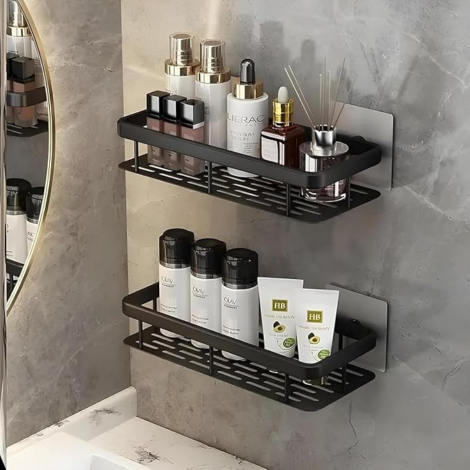 Bathroom Accessories - Multipurpose Bathroom Shelf for Wall | Self-Adhesive Wall Mounted Bathroom Organiser Rack and Washroom Storage Stand for Shampoo Without Drill |(Black)(Pack of 2)