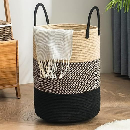 Laundry Basket Cotton Rope Hamper for Blankets, Clothes, Towels and Laundry Basket for Storage in Living Room and Bedroom (Size - 15" x 15" x 18") (Beige Black Mix)