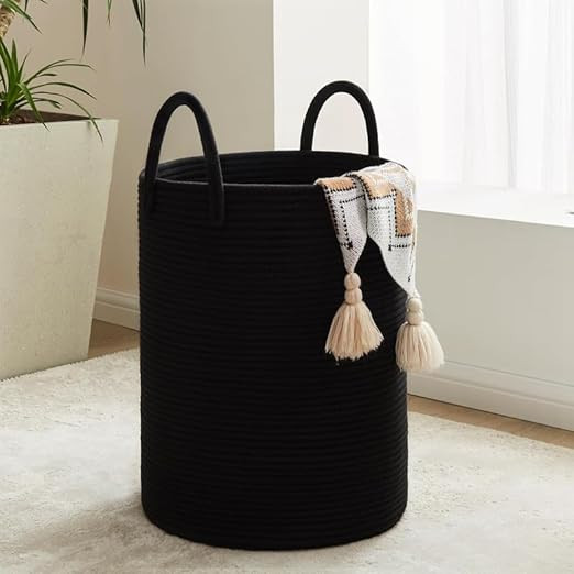 Cotton Rope Storage Baskets and Laundry Basket for Cloths, Towels, Blankets and Kids Toys Storage in Laundry Room and Living Room (Size - 14" x 14" x 18") (Black)